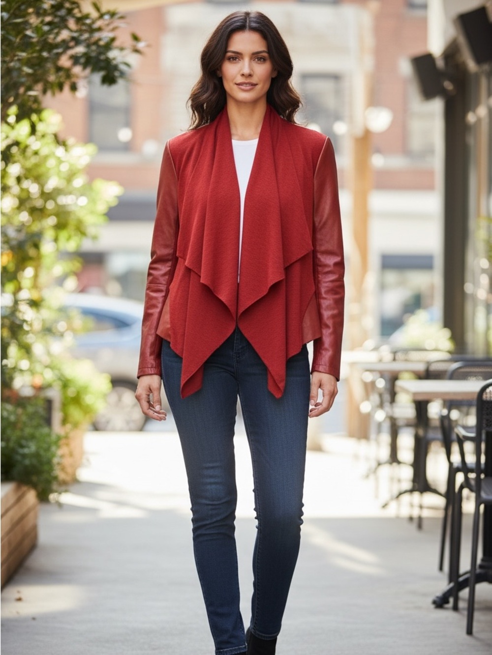 Bagatelle GENUINE Leather Sleeve Drape Jacket Burgundy M Waterfall Moto mob wife - Picture 2 of 6